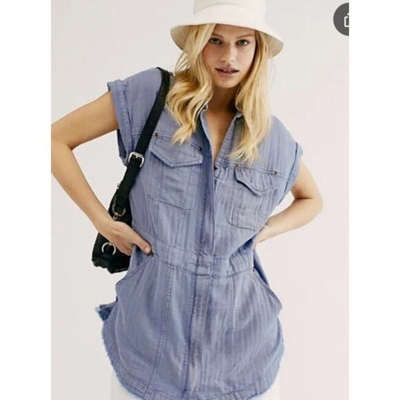 We The Free Tops - We the Free Just Say When Denim Blue Linen Blend Tunic Top, XS